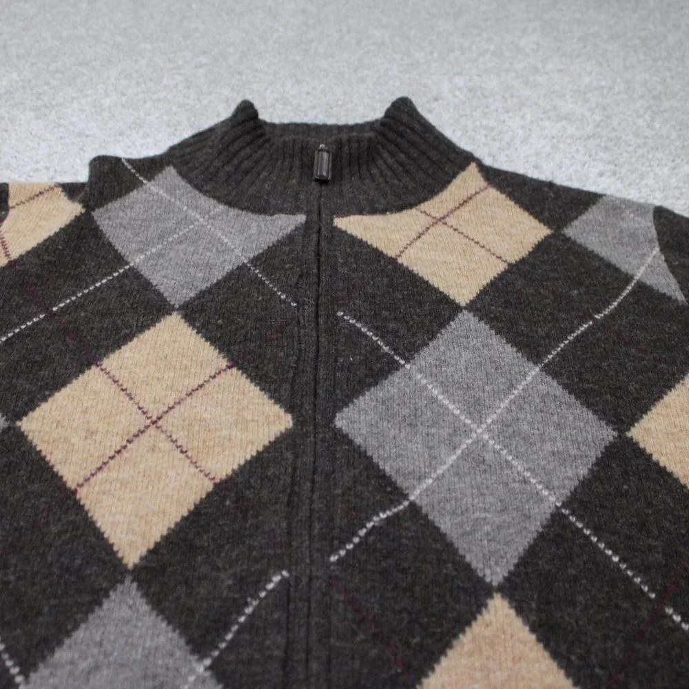 J. Crew Lambswool Sweater Mens Large‎ Brown/Tan Argyle Full Zip L/S Sweatshirt